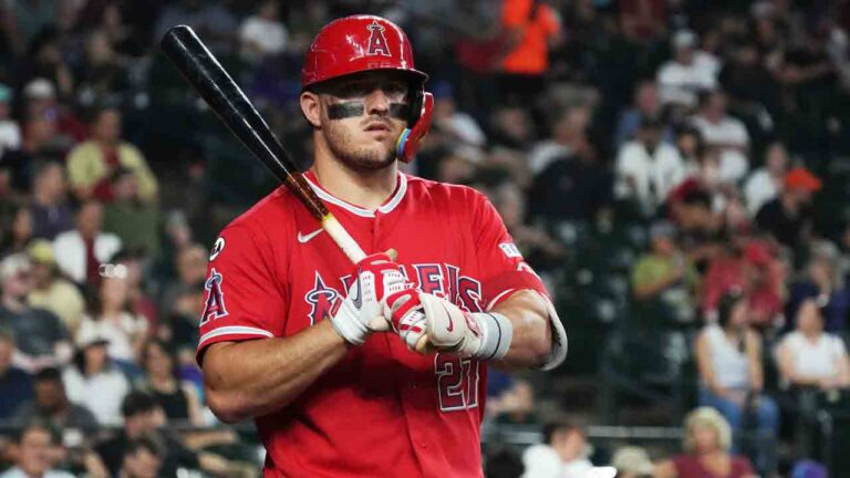 Los Angeles Angels center fielder Mike Trout (27) against the Arizona Diamondbacks in the first inning of a baseball game, Wednesday, June 17, 2026, in Phoenix. (Rick Scuteri/AP)