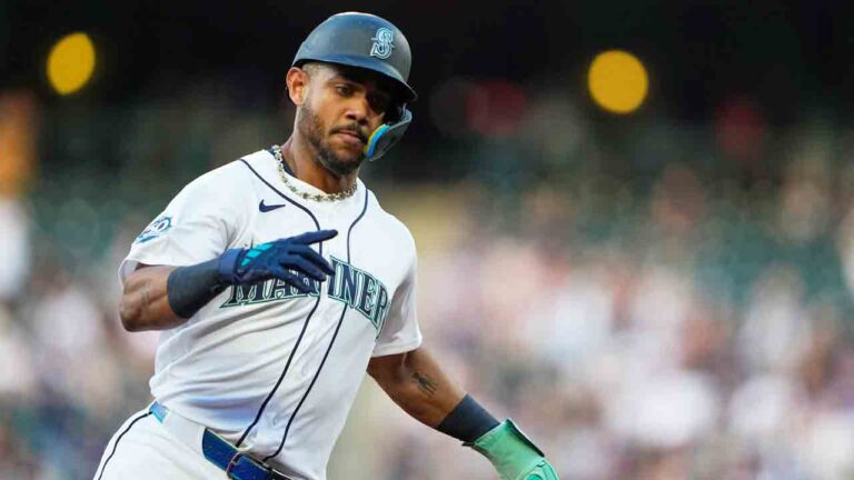 Seattle Mariners' Julio Rodríguez rounds third base to score on an RBI single from Dominic Canzone against the Baltimore Orioles during the fourth inning of a baseball game, Wednesday, June 17, 2026, in Seattle. (Lindsey Wasson/AP)