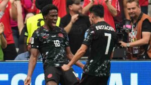 Canada's Jonathan David, left, celebrates with Stephen Eustaquio after scoring his side's third goal during the World Cup Group B soccer match against Qatar in Vancouver, British Columbia, Thursday, June 18, 2026. (Abbie Parr/AP)