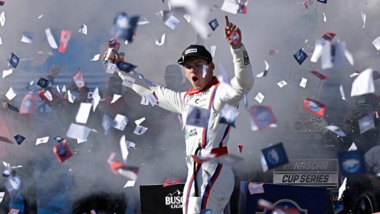 Cory Heim celebrates in Victory Lane after winning a NASCAR Cup Series auto race, Sunday, June 21, 2026, in Coronado, Calif. (AP Photo/Denis Poroy)