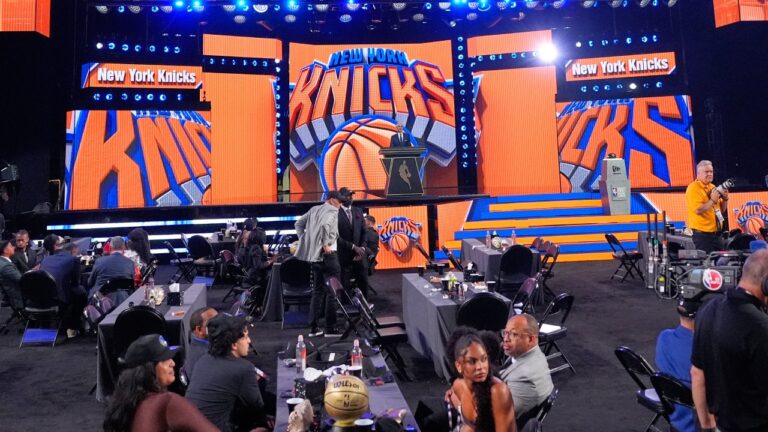 in the first round of the NBA basketball draft, Tuesday, June 23, 2026, in New York. (AP Photo/Yuki Iwamura)