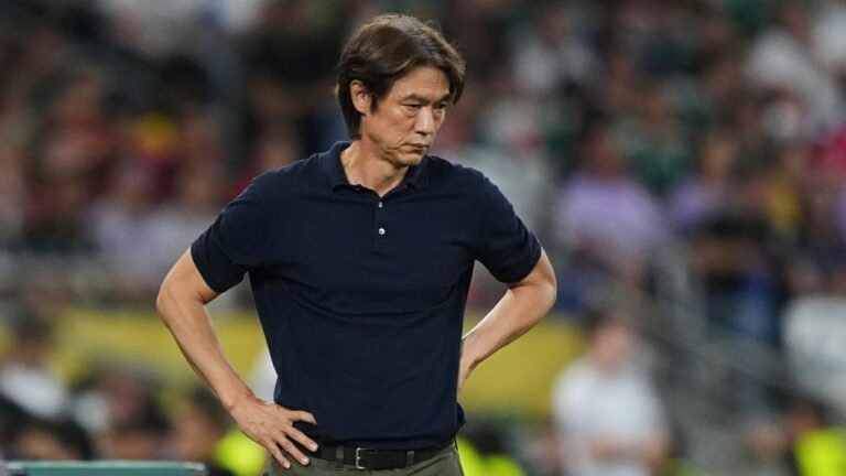 South Korea head coach Hong Myung-bo looks on during the World Cup Group A soccer match between South Africa and South Korea in Guadalupe, near Monterrey, Mexico, Wednesday, June 24, 2026. (AP Photo/Moises Castillo)
