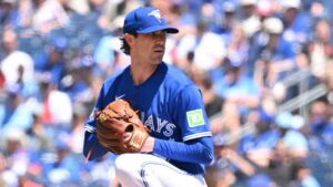Toronto Blue Jays starting pitcher Shane Bieber (57) throws to a Texas Rangers batter during first inning MLB baseball action in Toronto on Sunday June 28, 2026. (Jon Blacker/CP)