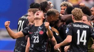 Players of Canada celebrate after Stephen Eustaquio scored the opening goal during a World Cup round of 32 soccer match between South Africa and Canada in Inglewood, Calif., near Los Angeles, Sunday, June 28, 2026. (Mark J. Terrill/AP)