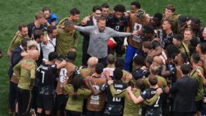 Canada head coach Jesse Marsch celebrates with his players after the World Cup round of 32 soccer match against South Africa in Inglewood, Calif., near Los Angeles, Sunday, June 28, 2026. (Marcio Sanchez/AP)