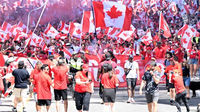 Canada's Voyageurs parade toward Toronto Stadium ahead of Canada's World Cup match against Bosnia and Herzegovina in Toronto, on Friday, June 12, 2026. (Jon Blacker/CP)