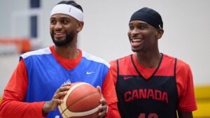 Nickeil Alexander-Walker, left, and Shai Gilgeous-Alexander practice at the training camp for the FIBA Men’s World Cup Americas Qualifiers, in Toronto, on Monday, June 29, 2026. (Sammy Kogan/CP)