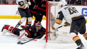 Carolina Hurricanes goaltender Frederik Andersen (31) stops a shot byf Vegas Golden Knights' Ivan Barbashev (49) during the third period in Game 2 of the NHL hockey Stanley Cup Final series in Raleigh, N.C., Thursday, June 4, 2026. (Karl DeBlaker/AP)
