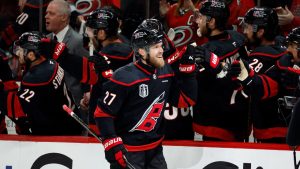 Carolina Hurricanes' Nikolaj Ehlers (27) celebrates his goal during the first period in Game 1 of the NHL hockey Stanley Cup Final series against the Vegas Golden Knights in Raleigh, N.C., Tuesday, June 2, 2026. (Karl DeBlaker/AP)