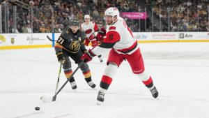 Carolina Hurricanes center Jordan Staal (11) shoots against Vegas Golden Knights center William Karlsson (71) during the third period of an NHL hockey game Monday, Oct. 20, 2025, in Las Vegas. (Candice Ward/AP)