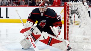 Carolina Hurricanes goaltender Frederik Andersen guards the net against the Montreal Canadiens during the first period in Game 2 of the Eastern Conference finals NHL hockey Stanley Cup playoff series in Raleigh, N.C., Saturday, May 23, 2026. (Karl DeBlaker/AP)