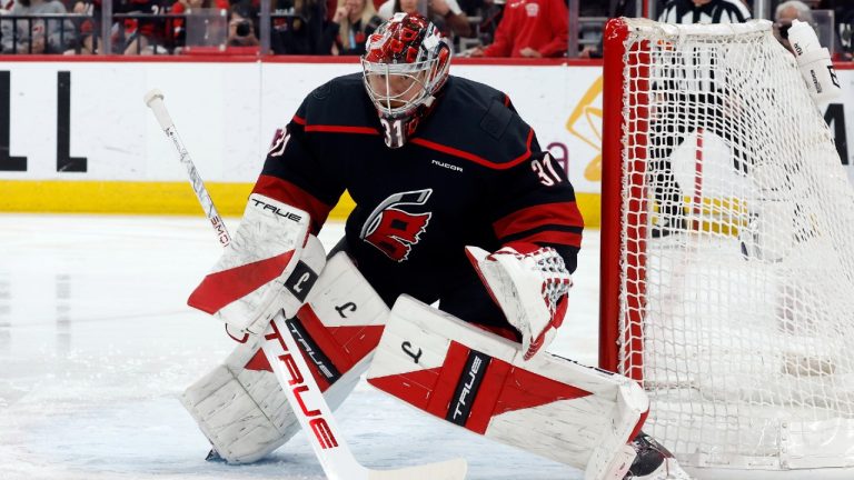 Carolina Hurricanes goaltender Frederik Andersen guards the net against the Montreal Canadiens during the first period in Game 2 of the Eastern Conference finals NHL hockey Stanley Cup playoff series in Raleigh, N.C., Saturday, May 23, 2026. (Karl DeBlaker/AP)