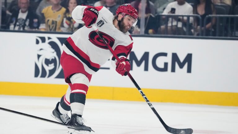 Carolina Hurricanes left wing Taylor Hall shoots and scores during the first period in Game 6 of the NHL hockey Stanley Cup Final series against the Vegas Golden Knights, Sunday, June 14, 2026, in Las Vegas. (John Locher/AP)
