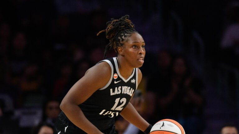 Las Vegas Aces guard Chelsea Gray (12) dribbles during a WNBA basketball game against the Los Angeles Sparks in Los Angeles, Sunday, May 10, 2026. (Kyusung Gong/AP)