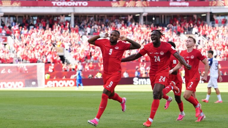 Canada's Cyle Larin (9) celebrates after scoring Canada's goal during the second half of the World Cup Group B soccer match between Canada and Bosnia and Herzegovina. (Sam Balkansky/AP)