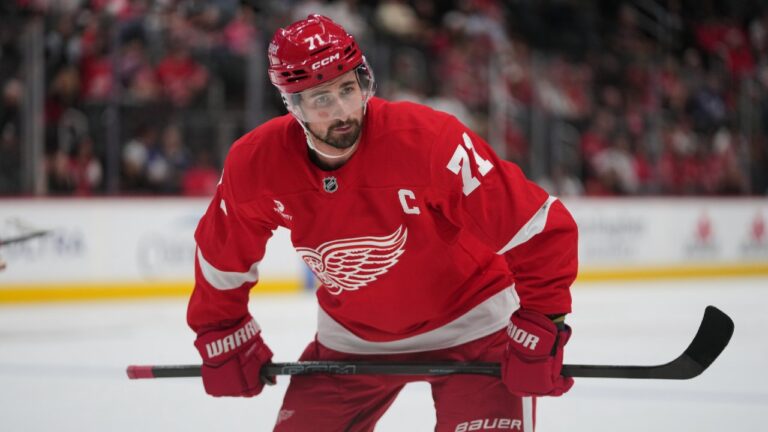Detroit Red Wings center Dylan Larkin (71) plays against the Toronto Maple Leafs during overtime of a preseason NHL hockey game Saturday, Oct. 4, 2025, in Detroit. (Paul Sancya/AP)