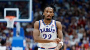 Kansas guard Darryn Peterson (22)during an NCAA college basketball game against Cincinnati, Saturday, Feb. 21, 2026, in Lawrence, Kan. (Colin E. Braley/AP)