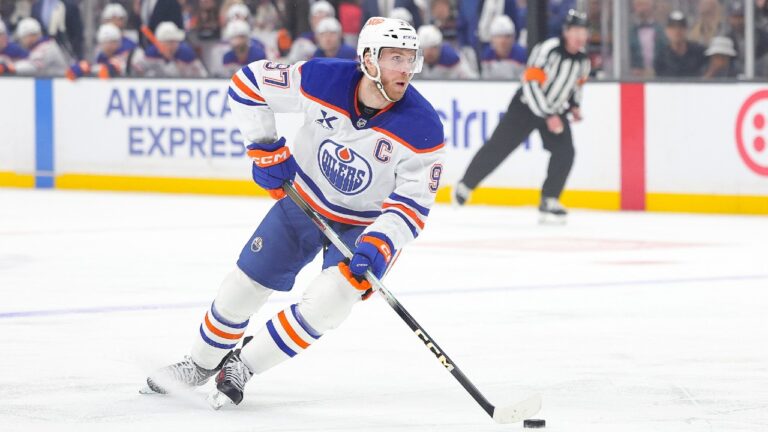 FILE - Edmonton Oilers center Connor McDavid moves the puck during the first period of an NHL hockey game against the Los Angeles Kings April 11, 2026 in Los Angeles. (Ryan Sun/AP)