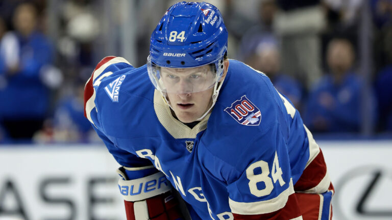 New York Rangers centre Adam Edstrom (84) waits for play in the second period of an NHL hockey game against the Pittsburgh Penguins, Tuesday, Oct. 7, 2025, in New York. (Adam Hunger/AP)