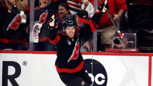 Carolina Hurricanes' Nikolaj Ehlers (27) celebrates his goal during the first period in Game 1 of the NHL hockey Stanley Cup Final series against the Vegas Golden Knights in Raleigh, N.C., Tuesday, June 2, 2026. (Karl DeBlaker/AP)