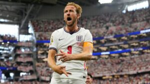 England's Harry Kane (9) celebrates after scoring a goal during the World Cup Group L soccer match between England and Croatia in Arlington, Texas, near Dallas, Wednesday, June 17, 2026. (Tony Gutierrez/AP)