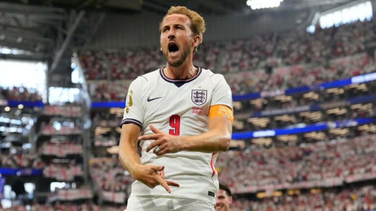 England's Harry Kane (9) celebrates after scoring a goal during the World Cup Group L soccer match between England and Croatia in Arlington, Texas, near Dallas, Wednesday, June 17, 2026. (Tony Gutierrez/AP)