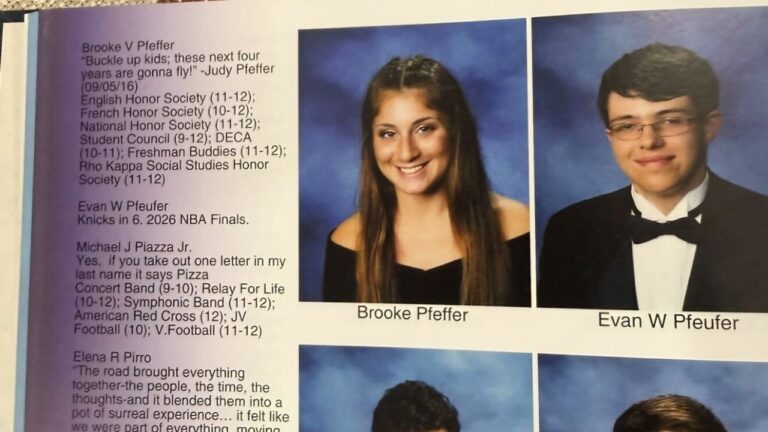 This photo provided by Evan Pfeufer shows Pfeufer's senior quote, which reads "Knicks in 6. 2026 NBA Finals," and photo in his high school yearbook on Thursday, June 4, 2026, in Kings Park, N.Y. (Evan Pfeufer via AP)