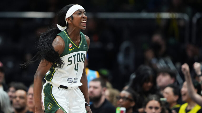Seattle Storm guard Flau'jae Johnson reacts after a basket against the Connecticut Sun during the second half of a WNBA basketball game, Friday, May 22, 2026, in Seattle. (Lindsey Wasson/AP)