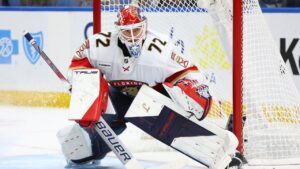 Florida Panthers goaltender Sergei Bobrovsky (72) watches the puck during the first period of an NHL hockey game against the Buffalo Sabres Saturday, Oct. 18, 2025, in Buffalo, N.Y. (Jeffrey T. Barnes/AP)
