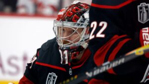 Carolina Hurricanes goaltender Frederik Andersen (31) watches the puck against the Vegas Golden Knights during the first period in Game 2 of the NHL hockey Stanley Cup Final series in Raleigh, N.C., Thursday, June 4, 2026. (Karl DeBlaker/AP)