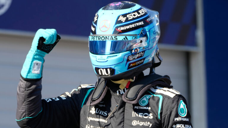 Mercedes driver George Russell of Britain celebrates after setting the pole position during the qualifying session ahead of the Austrian F1 Grand Prix, in Spielberg, Austria, Saturday, June 27, 2026. (Darko Bandic/AP)