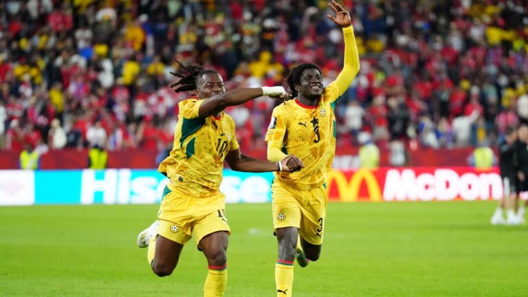 Ghana's Brandon Thomas-Asante (10) points to teammate, and winning goal scorer, Caleb Yirenkyi (3) as they celebrate with teammates following their 1-0 win over Panama after group L World Cup soccer action, in Toronto, Wednesday, June 17, 2026. (Frank Gunn/CP)