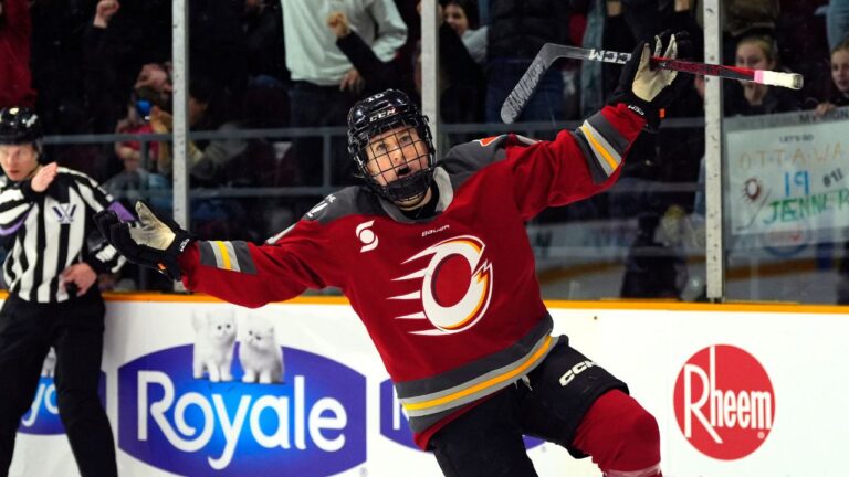 Ottawa Charge's Alexa Vasko (10) celebrates a goal against the Minnesota Frost during third period PWHL hockey action in Ottawa, on Tuesday, March 11, 2025. (Justin Tang/CP)