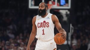 Cleveland Cavaliers' James Harden during the first half of Game 2 in the Eastern Conference finals NBA basketball playoffs series against the New York Knicks, May 21, 2026, in New York. (Frank Franklin II/AP)