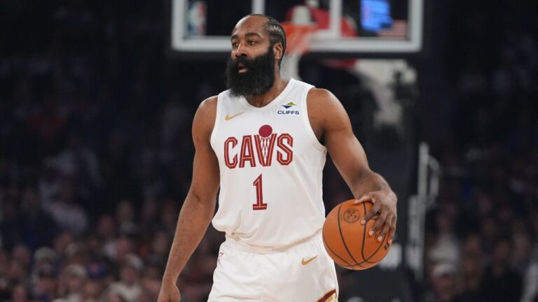Cleveland Cavaliers' James Harden during the first half of Game 2 in the Eastern Conference finals NBA basketball playoffs series against the New York Knicks, May 21, 2026, in New York. (Frank Franklin II/AP)