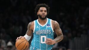 Charlotte Hornets forward Miles Bridges (0) during the first half of a NBA basketball game, Tuesday, April 7, 2026, in Boston. (Charles Krupa/AP)