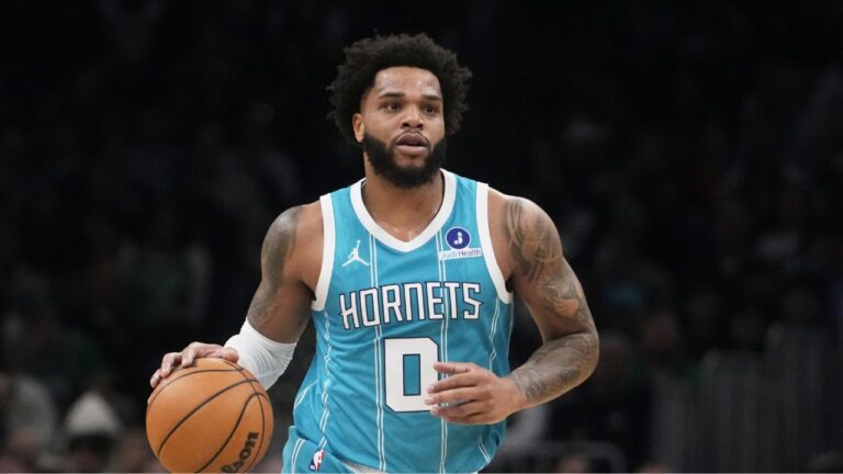 Charlotte Hornets forward Miles Bridges (0) during the first half of a NBA basketball game, Tuesday, April 7, 2026, in Boston. (Charles Krupa/AP)