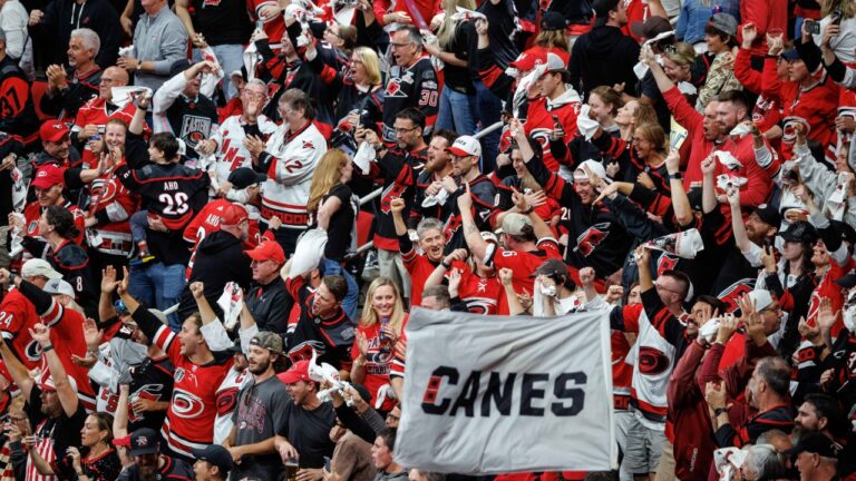 Carolina Hurricanes fans celebrate after an overtime victory against the Vegas Golden Knights in Game 2 of the NHL hockey Stanley Cup Final series in Raleigh, N.C., Thursday, June 4, 2026. (AP Photo/Ben McKeown)