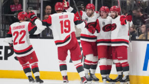 Carolina Hurricanes right wing Jackson Blake, second from right, celebrates his goal with teammates during the second period in Game 6 of the NHL hockey Stanley Cup Final series against the Vegas Golden Knights, Sunday, June 14, 2026, in Las Vegas. (John Locher/AP)