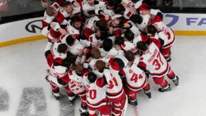Carolina Hurricanes celebrate after defeating the Vegas Golden Knights in Game 6 of the NHL hockey Stanley Cup Final series , Sunday, June 14, 2026, in Las Vegas. (John Locher/AP)