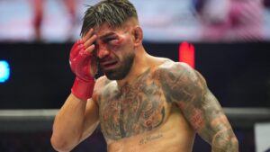 Ilia Toupruia pauses as he fights Justin Gaethje during UFC Freedom 250 on the South Lawn of the White House. (Alex Brandon/AP)