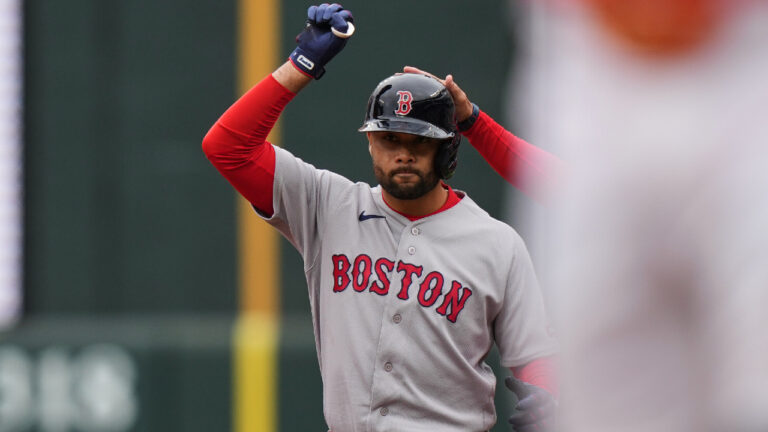 Boston Red Sox' Isiah Kiner-Falefa celebrates after hitting an RBI single during the second inning of a baseball game against the Baltimore Orioles, Saturday, April 25, 2026, in Baltimore. (Stephanie Scarbrough/AP)