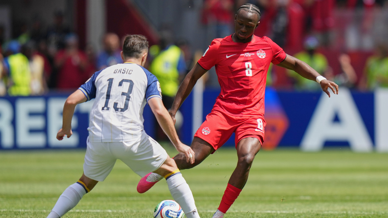 Canada's Ismael Kone plays a ball during the World Cup Group B soccer match between Canada and Bosnia. (Stephanie Scarbrough/AP)