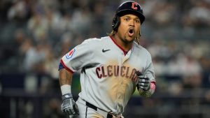 Cleveland Guardians' José Ramírez reacts after hitting a solo home run during the sixth inning of a baseball game against the New York Yankees, Wednesday, June 3, 2026, in New York. (AP Photo/Seth Wenig)