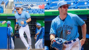 Blaine Bullard, left, and Jake Cook are leading the way on the base paths for the speedy Dunedin Blue Jays this season. (Photos courtesy: Dunedin Blue Jays)