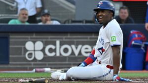 Toronto Blue Jays' Jesus Sanchez (12) reacts after ducking an inside pitch from Houston Astros pitcher Hunter Brown during third inning MLB baseball action in Toronto, Monday, June 22, 2026. (Jon Blacker/CP)
