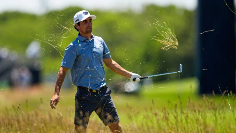 Joaquin Niemann hits from the rough on the third hole during a practice round for the U.S. Open golf tournament at Shinnecock Hills Golf Club in Southampton, N.Y., Tuesday, June 16, 2026.(George Walker IV/AP)