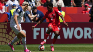 Canada's Jonathan David plays a ball during the World Cup Group B soccer match between Canada and Bosnia. (Stephanie Scarbrough/AP)