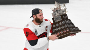 Carolina Hurricanes centre Jordan Staal (11) celebrates after a win over the Vegas Golden Knights in Game 6 of the NHL hockey Stanley Cup Final series, Sunday, June 14, 2026, in Las Vegas. (Candice Ward/AP)