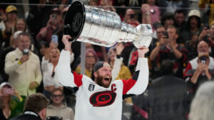 Carolina Hurricanes centre Jordan Staal (11) celebrates after a win over the Vegas Golden Knights in Game 6 of the NHL hockey Stanley Cup Final series, Sunday, June 14, 2026, in Las Vegas. (John Locher/AP)